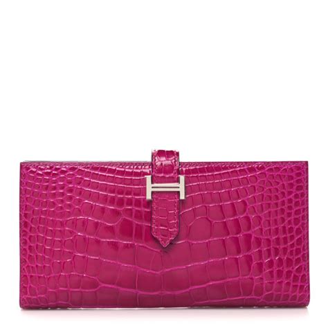 HERMES Shiny Alligator Bearn Wallet Rose Pourpre